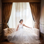 Bride sitting on sofa